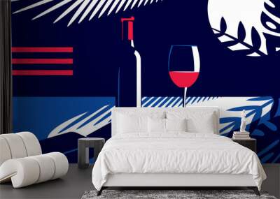 Vector illustration of a bottle and a glass of red wine and a cell phone near on the table in vintage style on the background of the moon and tropical leaves Wall mural