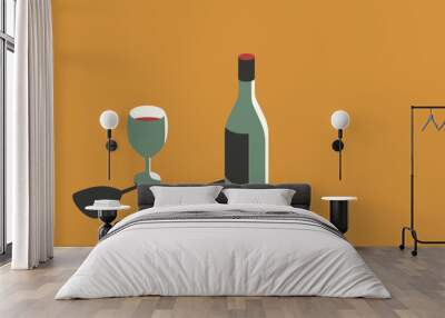 Vector illustration of a bottle of wine and a glass of wine on a yellow background in retro style. Wall mural