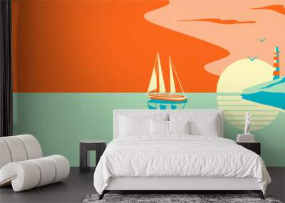 Vector illustration of a yacht or sailboat next to a lighthouse on the seashore against the backdrop of the sun in retro style. Wall mural