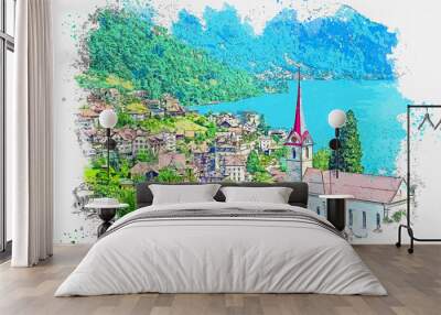 Watercolor sketch or illustration of a beautiful view of the city of Lucerne in Switzerland, located next to the mountains and the lake Wall mural