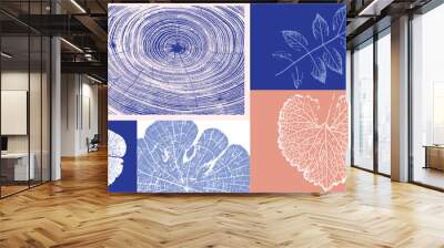 Decorative leaf prints and wood block prints. Monotone pink and blue botanical tree rings impression print. Wall mural