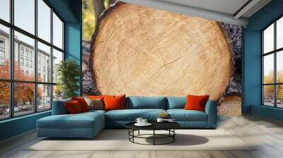 Large round piece of wood from a cut down tree in the forest. Annual rings from an aged tree stump Wall mural