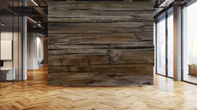 Old Dark rough wood floor or surface with splinters and knots. Square background with flooring or boards with wood grain. Old aged timber in a barn or old house. Wall mural