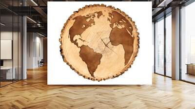 World map on a wood textured background. Round globe with United States of America, Africa, Asia and South America engraved on a circle with organic texture.  Wall mural