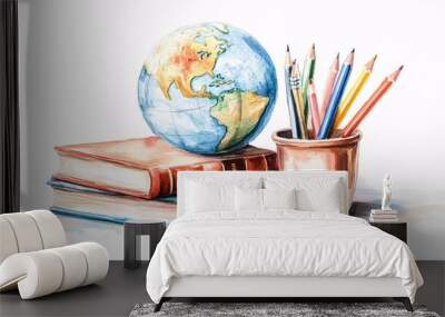 A watercolor painting of a globe, two books, and a cup of colored pencils on white background Wall mural