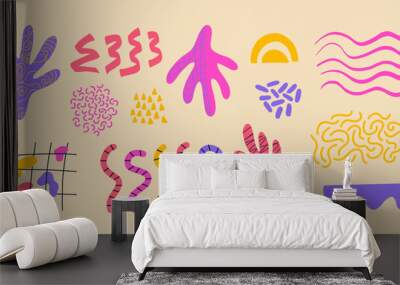 Groovy bundle with abstract shapes and spots. Modern texture shape and abstract exotic plant. Neon trippy poster. Vector illustration. Wall mural