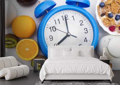 breakfast time, alarm clock and healthy and balanced breakfast Wall mural