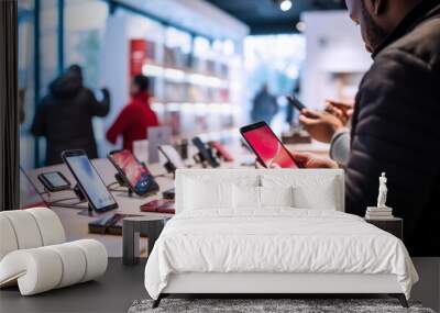 customers looking at and buying phones in a phone store Wall mural