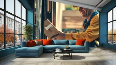 delivery man delivering a package at home Wall mural