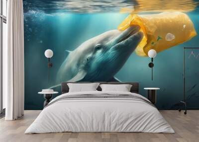 dolphin in polluted sea, generative ai Wall mural