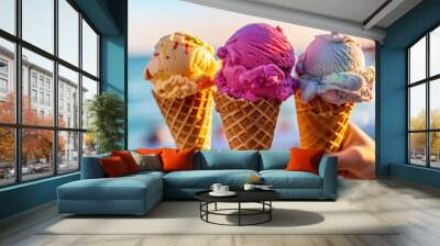 hand with ice cream and summer beach background, generative ai Wall mural