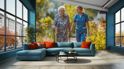 senior woman walking with nurse or assistant in garden Wall mural