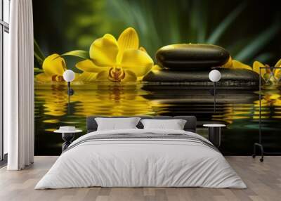 yellow orchids with stones and water, spa and massage background, generative ai Wall mural