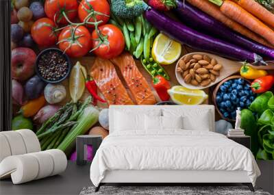 Flat lay arrangement of a selection of healthy clean eating foods including raw organic fruits, vegetables, eggs, nuts and spices. Wall mural