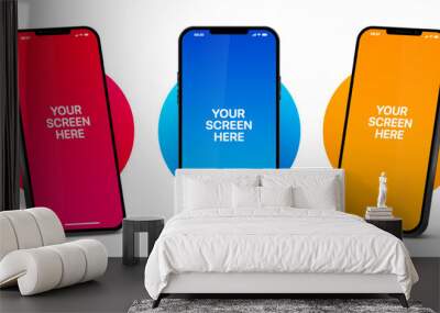 3d high quality vector smartphone mockups. Ultra realistic mobile device UI UX mockup for presentation template. 3d isometric phone with different angles views. Cellphone frame with  fillable field. Wall mural