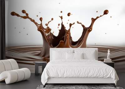 Close up pouring liquid chocolate crown splash in a liquid chocolate pool with circle ripples side view, isolated on white background. Wall mural