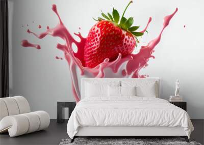 Close up red fresh strawberry with splashing milk or fruit yogurt splash cream on isolated white background. With clipping path. Full depth of field.  Wall mural