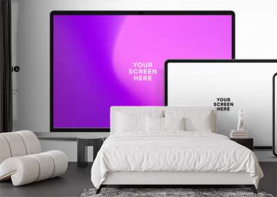 Modern laptop mockup front view and high quality smartphone and tablet mockup isolated on white background. Notebook mockup and phone device mockup for ui ux app and website presentation.Stock Vector. Wall mural