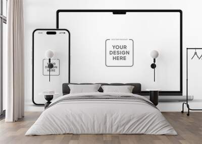 Modern laptop mockup front view and smartphone mockup high quality isolated on white background. Notebook mockup and phone device mockup for ui ux app and website presentation Stock Vector. Wall mural