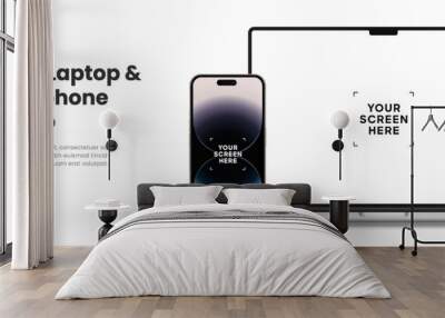 Modern latest laptop mockup front view and smartphone mockup high quality isolated on white background. Notebook mockup and phone device mockup for ui ux app and website presentation Stock Vector. Wall mural