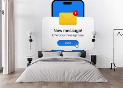 New message notification concept on realistic smartphone mockup. New email pop up. Incoming, open messaging. Chatting, mail, post, letter symbol, sign, emblem with new notification for UI UX website Wall mural