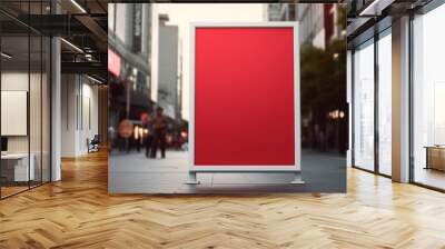 Red square signboard mockup in outside for logo design, brand presentation for companies, ad, advertising, shops. Wall mural