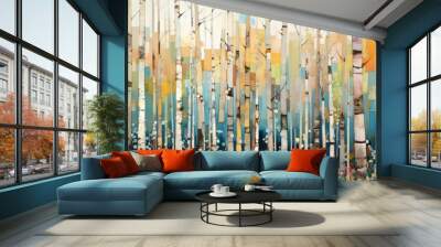 Abstract colorful geometric illustration of birch trees, birch tree forest, horizontal or landscape aspect ratio. Generative AI.
 Wall mural