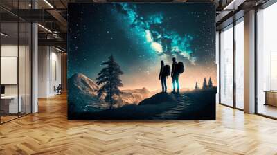 Illustration of Two Hikers Watching the Starry Sky Wall mural