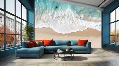 Overhead view of beautiful crystal water waves washing onshore on a pristine beach, sunny day. Tropical shoreline. Aerial drone like view. Generative AI.
 Wall mural