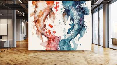 Watercolor Illustration of Two Colorful Koi Fish Swimming in the Shape of a Heart - Isolated on White, Generative AI
 Wall mural