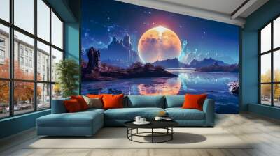 Futuristic fantasy sci-fi landscape mountains, lake, with large planet. Galaxy, with light reflection in water. AI generated. Wall mural