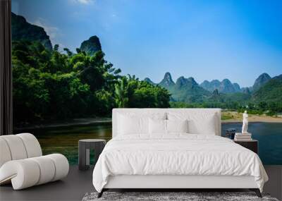 Beautiful mountains and river scenery with blue sky, Yangshuo, China. Wall mural