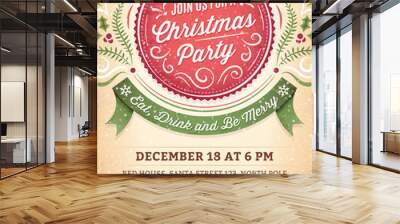 christmas party invitation with a big red label and a green ribb Wall mural