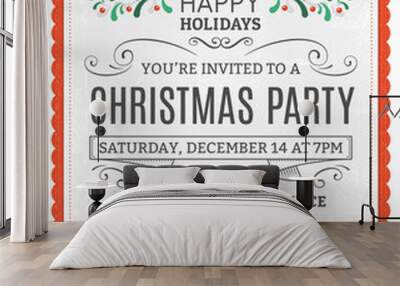 White Christmas Party Invitation with a Red Frame Wall mural