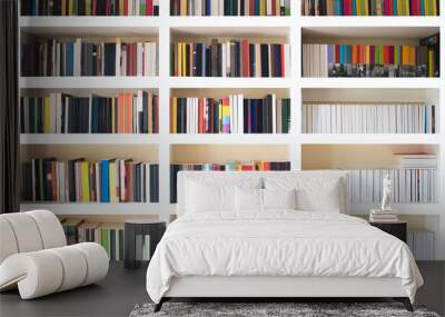 Home library wall. Clean and modern decoration background. Organized neat bookshelf room. Wall mural