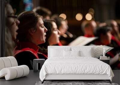 Choir members singing during a church service with hymnals in hand Wall mural