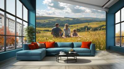 Family sitting quietly enjoying the views of the countryside and daisies, summer concept vacation concept holidays Wall mural