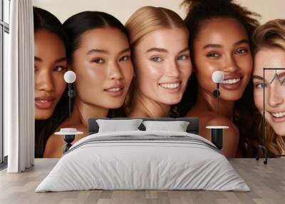 A diverse multiracial group of beautiful female fashion models with natural beauty and glowing smooth skin. Face shot of multiple women of all races. Generative AI. Wall mural