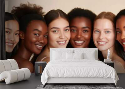 Beauty portrait of a diverse multiracial group of attractive female fashion models with natural beauty and glowing smooth skin. Face shot of multiple women of all races. Generative AI. Wall mural