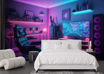 Interior of colorful modern gaming room with neon light. Playing videogames, watching movies, hobby, entertainment and gaming concept. Wall mural