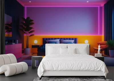 Modern bedroom interior with neon purle and orange lights in the night. Luxurious stylish apartment interior. Futuristic home concept with neon light colours. Generated AI image. Wall mural