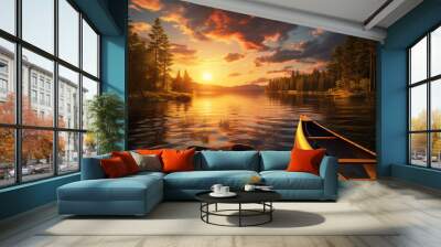  a photo of a sunset view and a boat sailing on a calm river Wall mural