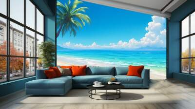 Tropical beach view with one coconut tree bright blue sky Wall mural