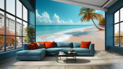 view of the beach with a coconut tree Wall mural