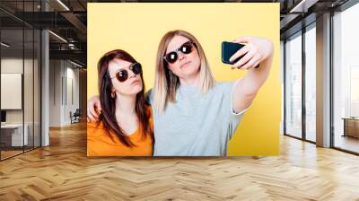 two female friends taking a selfie with a smartphone - millennials social lifestyle Wall mural