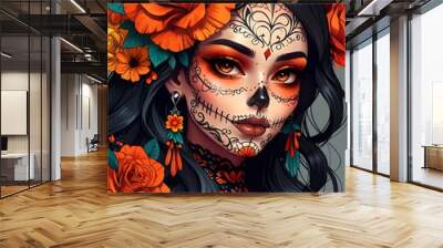 A Mexican woman with a Day of the Dead look. flower and skull. Generative AI Wall mural