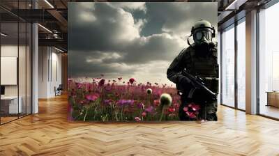 A soldier wearing a gas mask walks in a field of flowers, a very atmospheric contrast zoom animation. Generative AI Wall mural