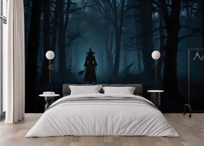 Abstract witch in a dark scary forest, Halloween concept, background wallpaper. Generative AI Wall mural