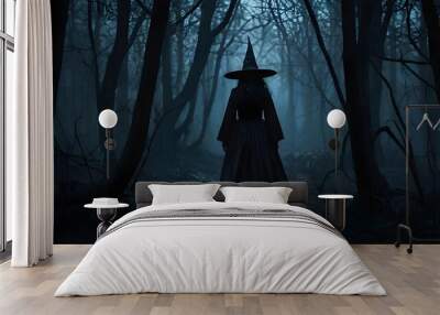 Abstract witch in a dark scary forest, Halloween concept, background wallpaper. Generative AI Wall mural