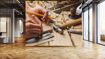 carpenter working,hammer and meter on construction background Wall mural